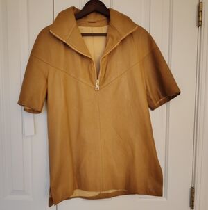 Tan Leather Short Sleeve Funnel Neck Mini Dress